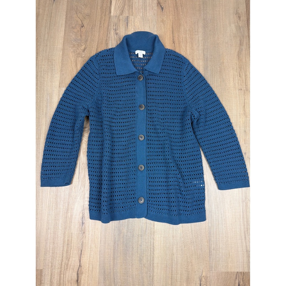 J. Jill Teal Blue Open Stitch Button Front Cardigan Sweater Petite S 318292
